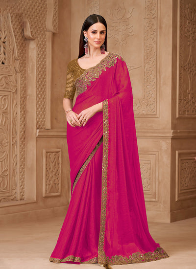 Pink and Mustard Embroidered Georgette Saree
