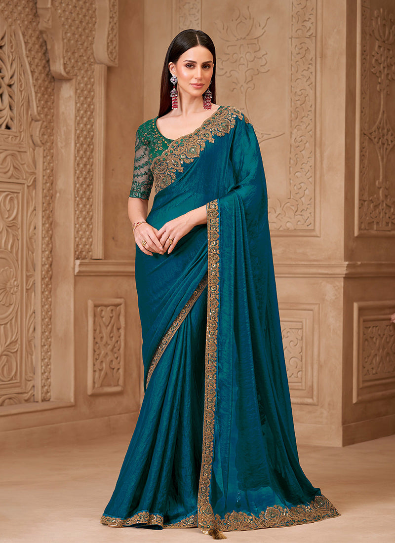Teal and Green Embroidered Georgette Saree