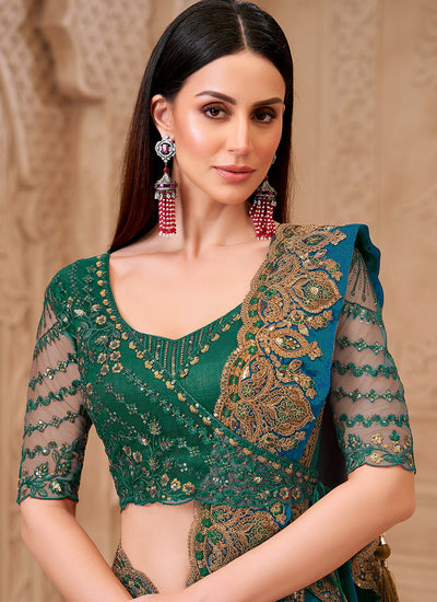 Teal and Green Embroidered Georgette Saree
