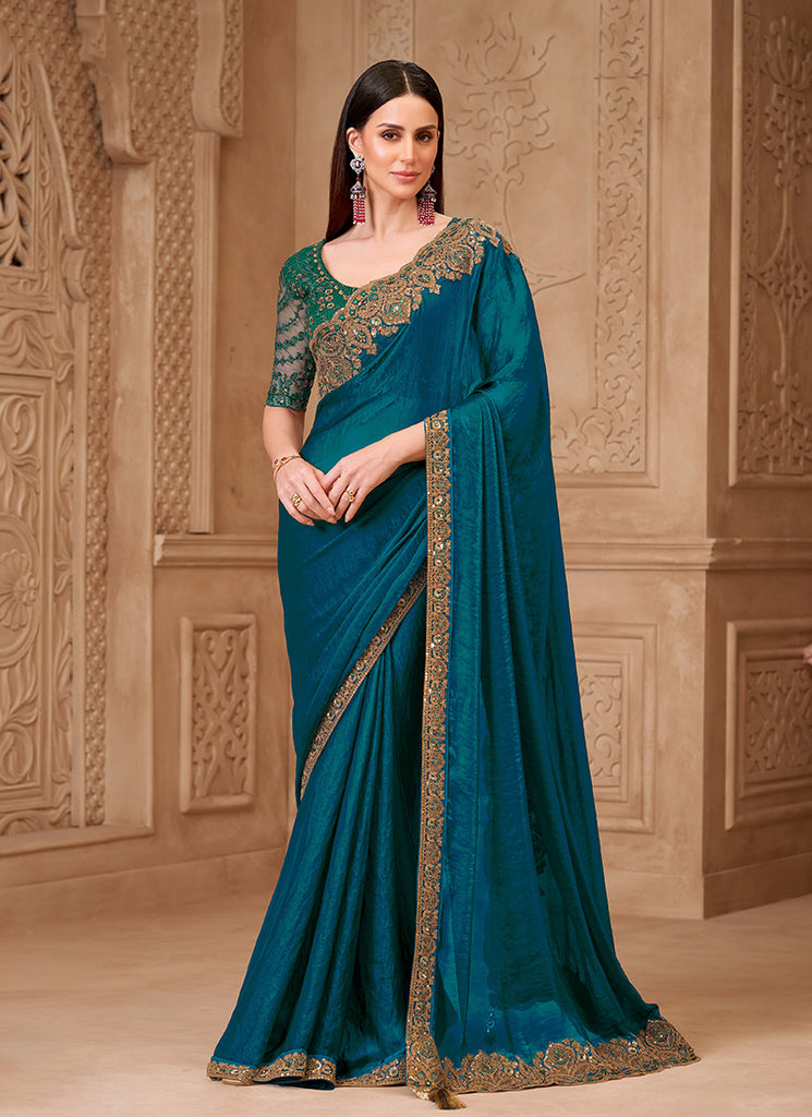 Teal and Green Embroidered Georgette Saree