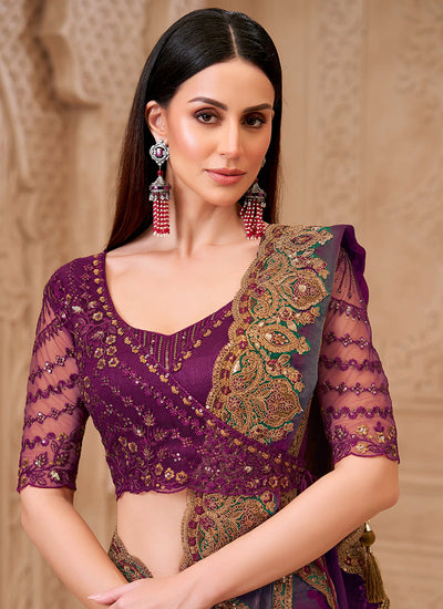 Green and Purple Embroidered Georgette Saree