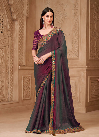 Green and Purple Embroidered Georgette Saree