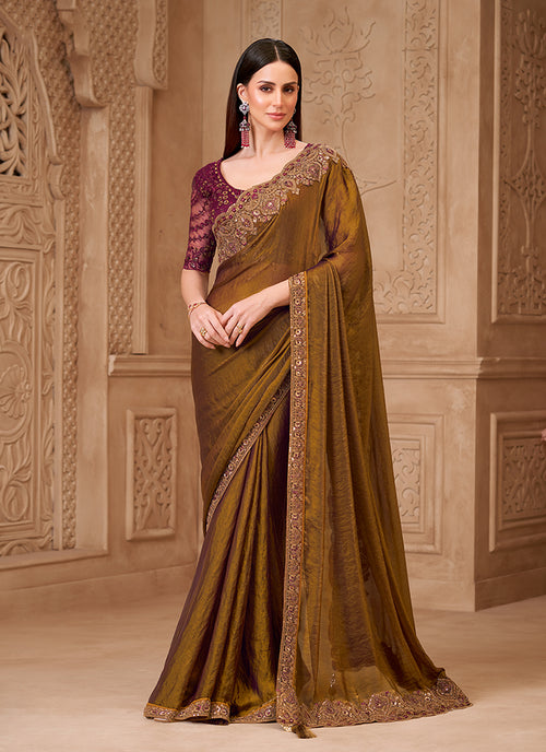 Mustard and Maroon Embroidered Georgette Saree