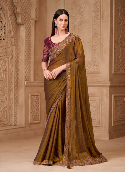 Mustard and Maroon Embroidered Georgette Saree