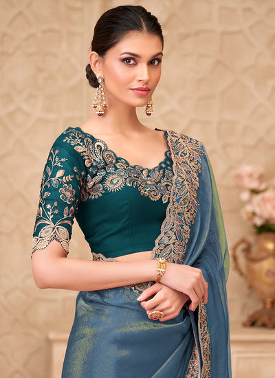 Steel Blue Embroidered Georgette Saree