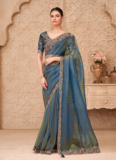 Steel Blue Embroidered Georgette Saree