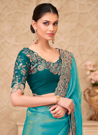 Turquoise Embroidered Georgette Saree