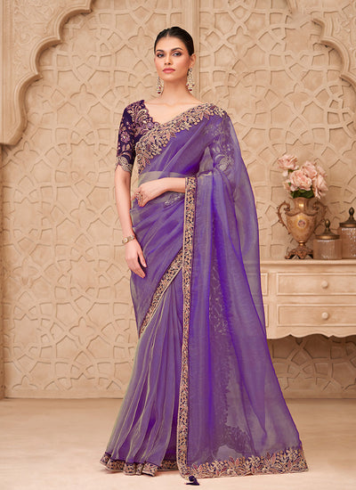 Lavender Embroidered Georgette Saree