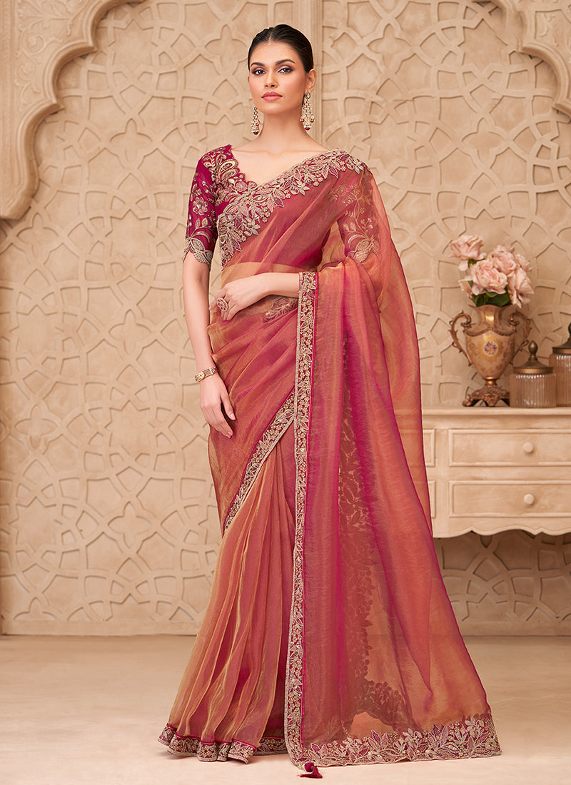 Pinkish Orange Embroidered Georgette Saree