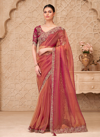 Pinkish Orange Embroidered Georgette Saree