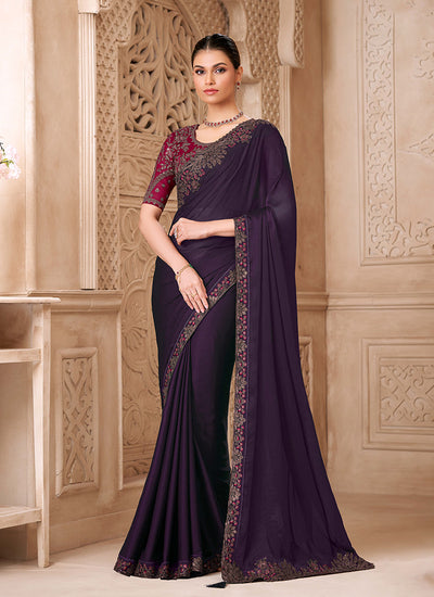 Purple Designer Embroidered Georgette Saree