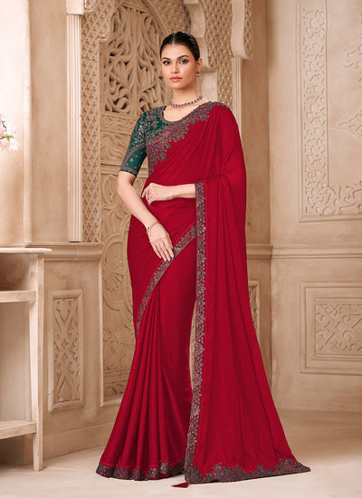 Red Designer Embroidered Georgette Saree