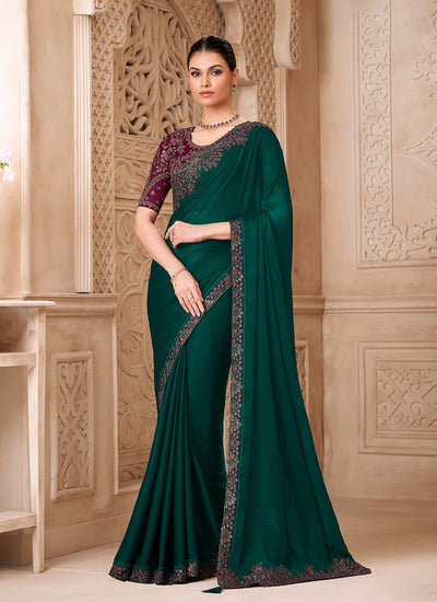 Green Designer Embroidered Georgette Saree