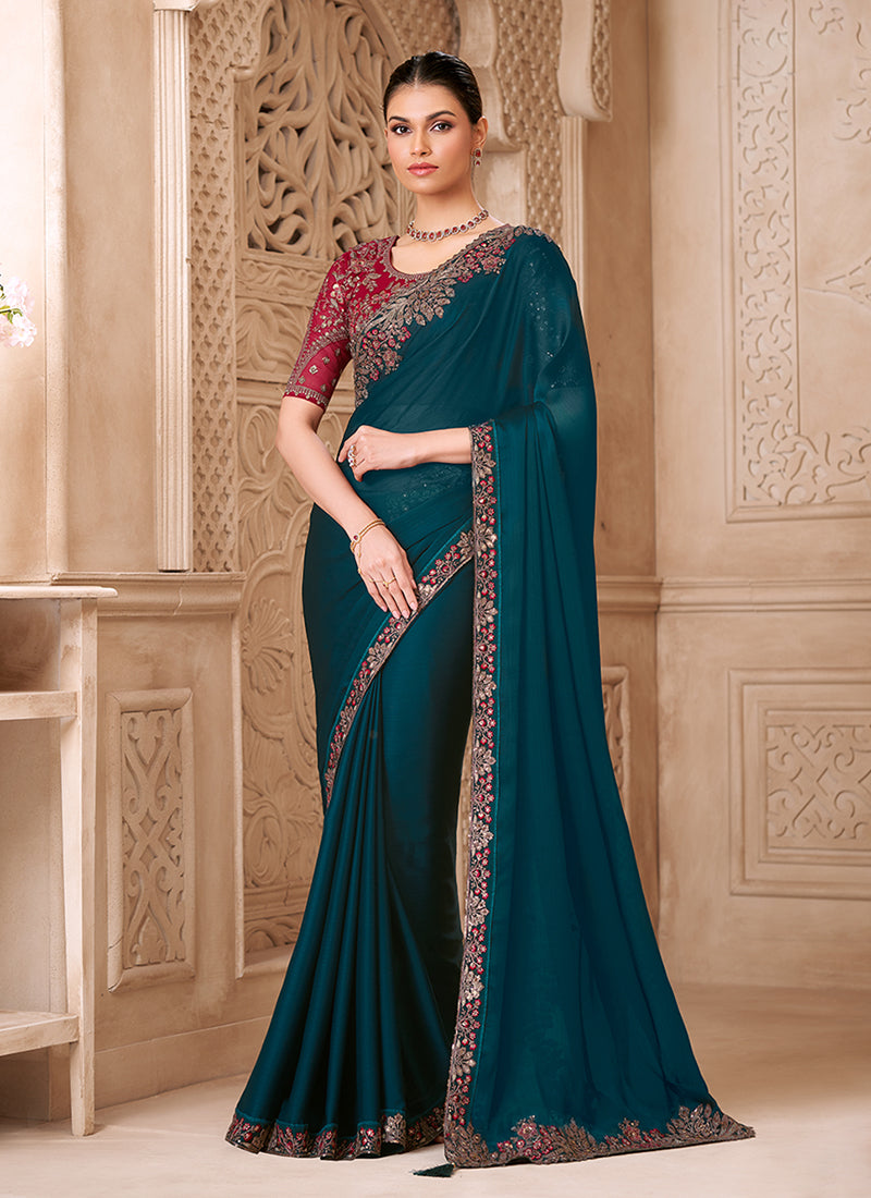 Turquoise and Red Embroidered Georgette Saree