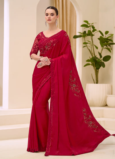 Cherry Red Designer Embroidery Saree