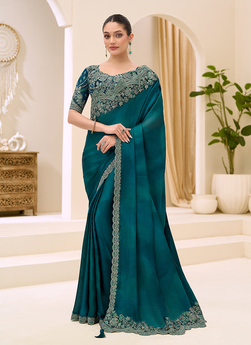 Teal Green Designer Embroidery Saree