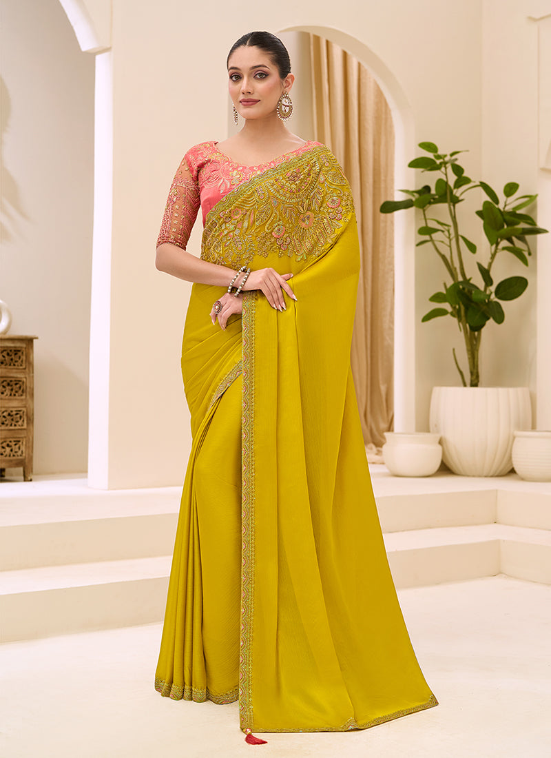 Mustard Yellow Designer Embroidery Saree