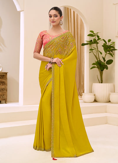 Mustard Yellow Designer Embroidery Saree