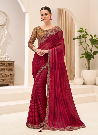 Deep Red Designer Embroidery Saree