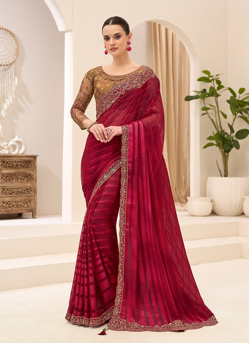 Deep Red Designer Embroidery Saree