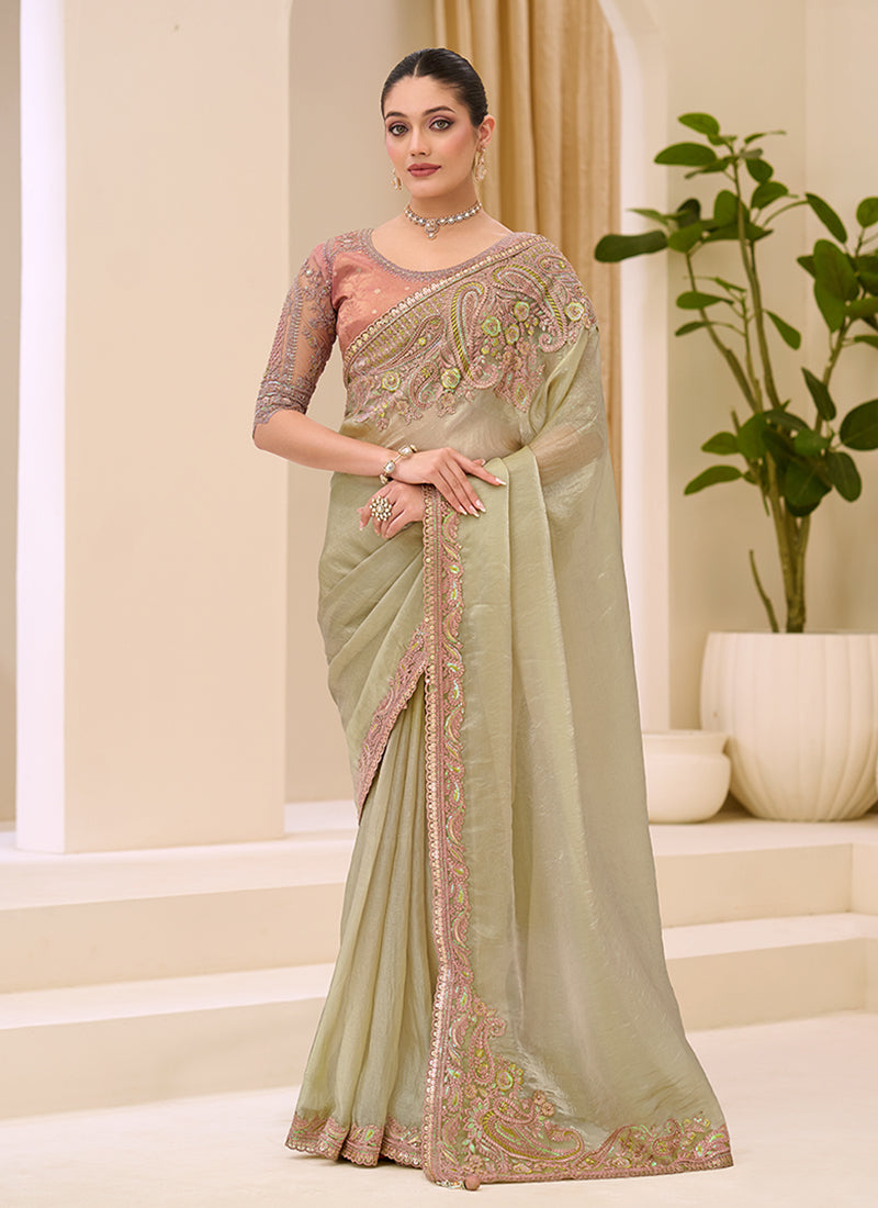 Pista Green Designer Embroidery Saree