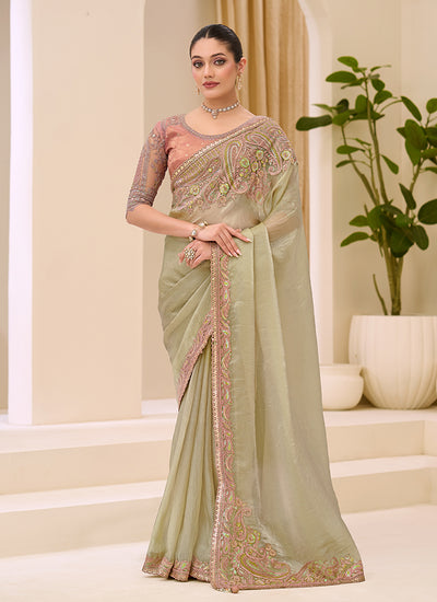 Pista Green Designer Embroidery Saree