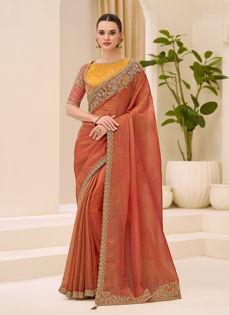 Burnt Orange Designer Embroidery Saree