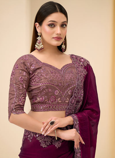 Plum Wine Designer Embroidery Saree