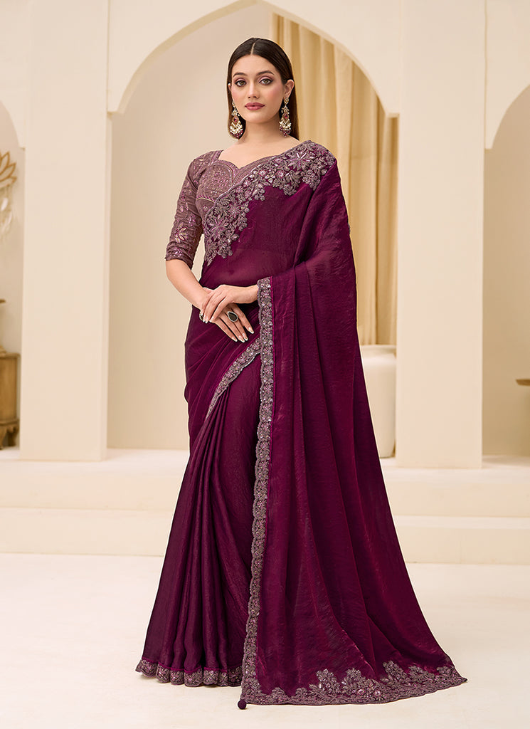 Deep Wine Designer Embroidery Saree