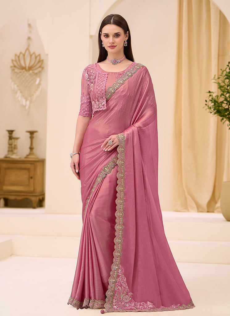 Rose Pink Designer Embroidery Saree