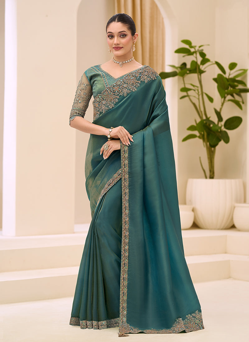 Bottle Green Designer Embroidery Saree
