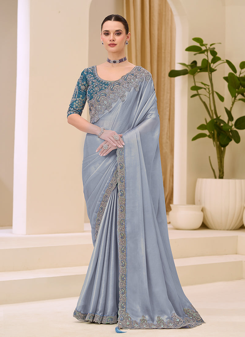 Powder Blue Designer Embroidery Saree