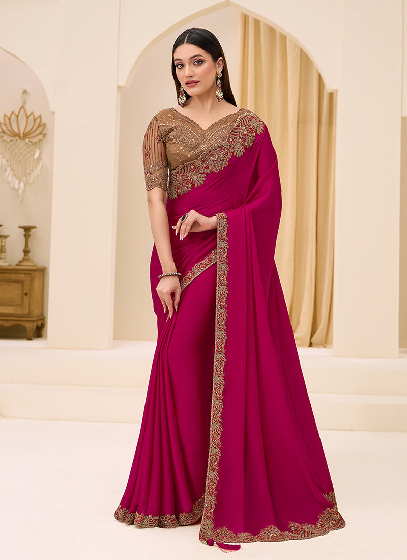 Rani Pink Designer Embroidery Saree