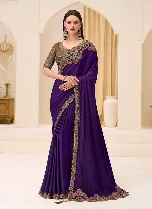 Royal Purple Designer Embroidery Saree