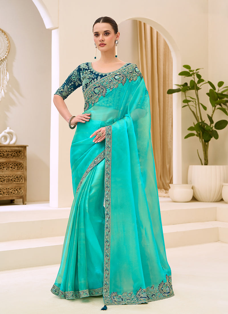 Aqua Turquoise Designer Embroidery Saree