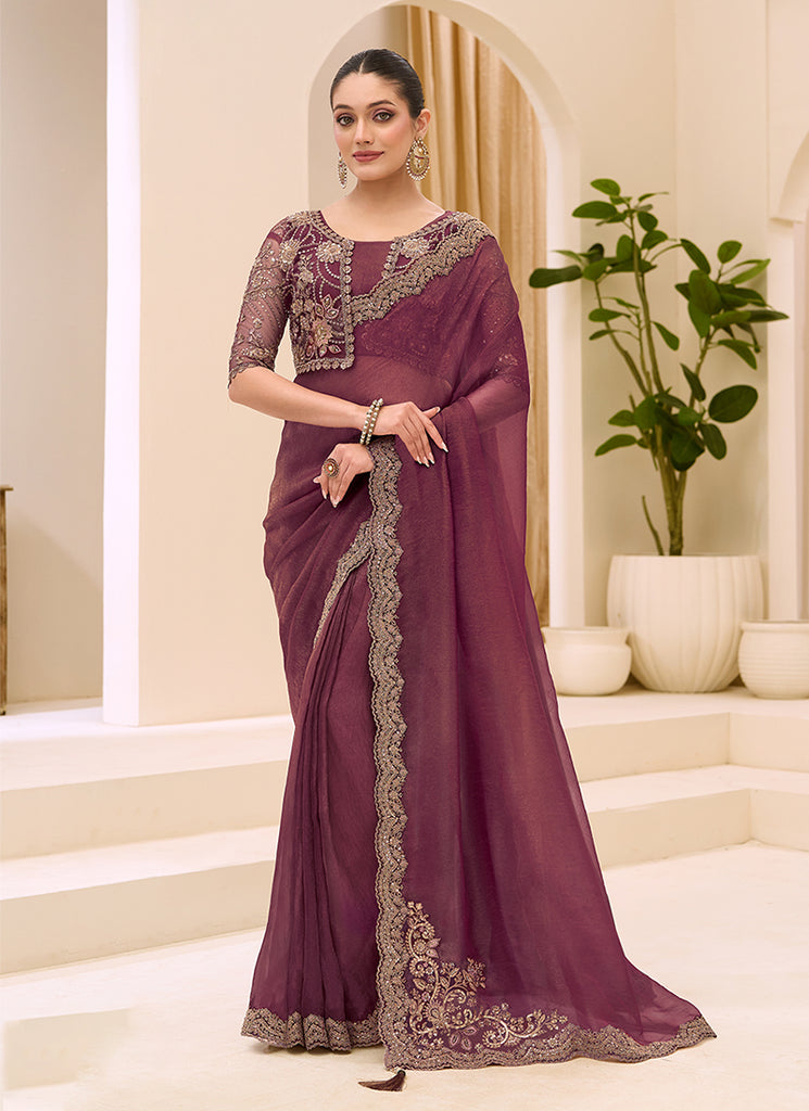 Plum Wine Designer Embroidery Saree