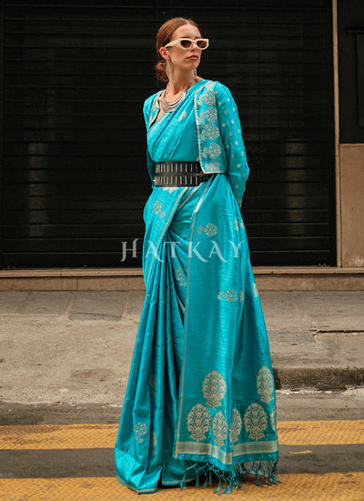 Sky Blue Handloom Woven Silk Saree