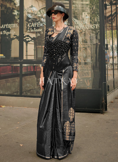 Black Handloom Woven Silk Saree