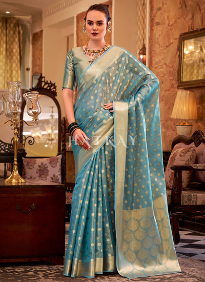 Sky Blue Handloom Woven Silk Saree