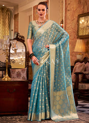 Sky Blue Handloom Woven Silk Saree