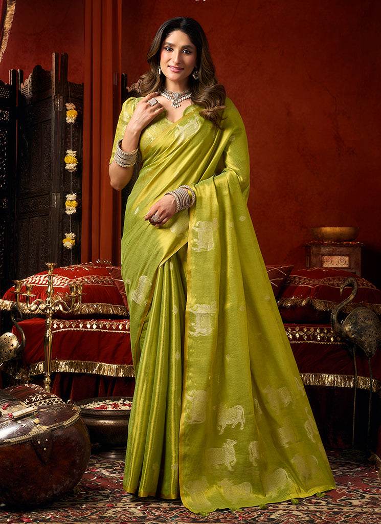 Lime Green Designer Brocade Silk Saree