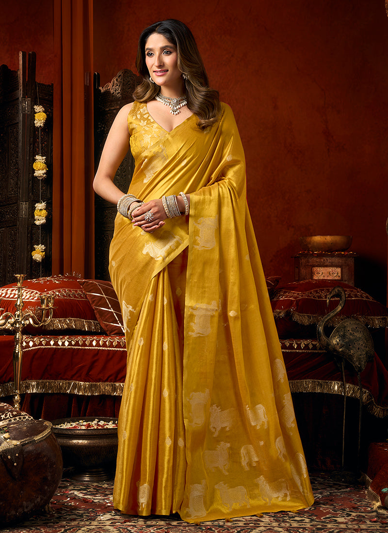 Mustard Yellow Designer Brocade Silk Saree
