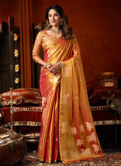 Vivid Orange Designer Brocade Silk Saree