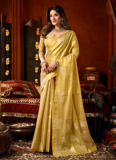 Yellow Designer Brocade Silk Saree