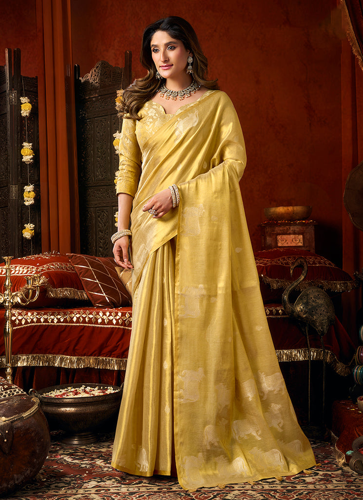 Yellow Designer Brocade Silk Saree