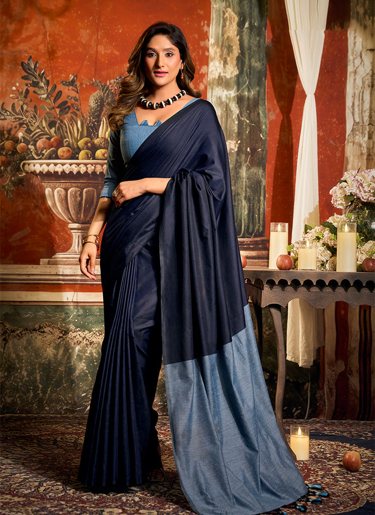 Navy Blue Festive Cotton Saree