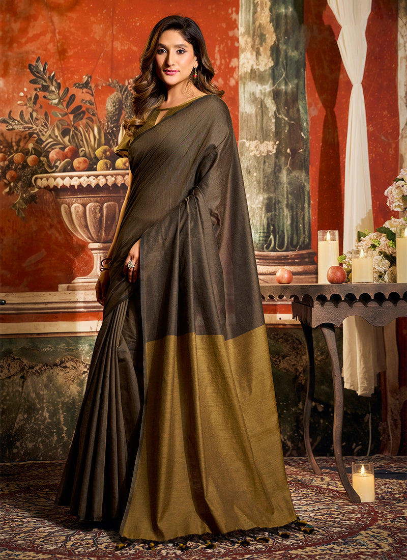 Taupe Brown Festive Cotton Saree