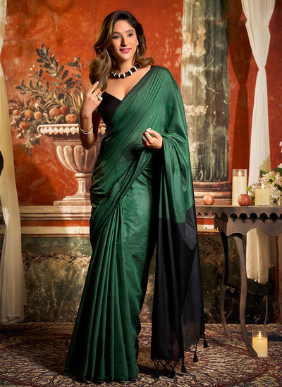 Green and Black Festive Cotton Saree