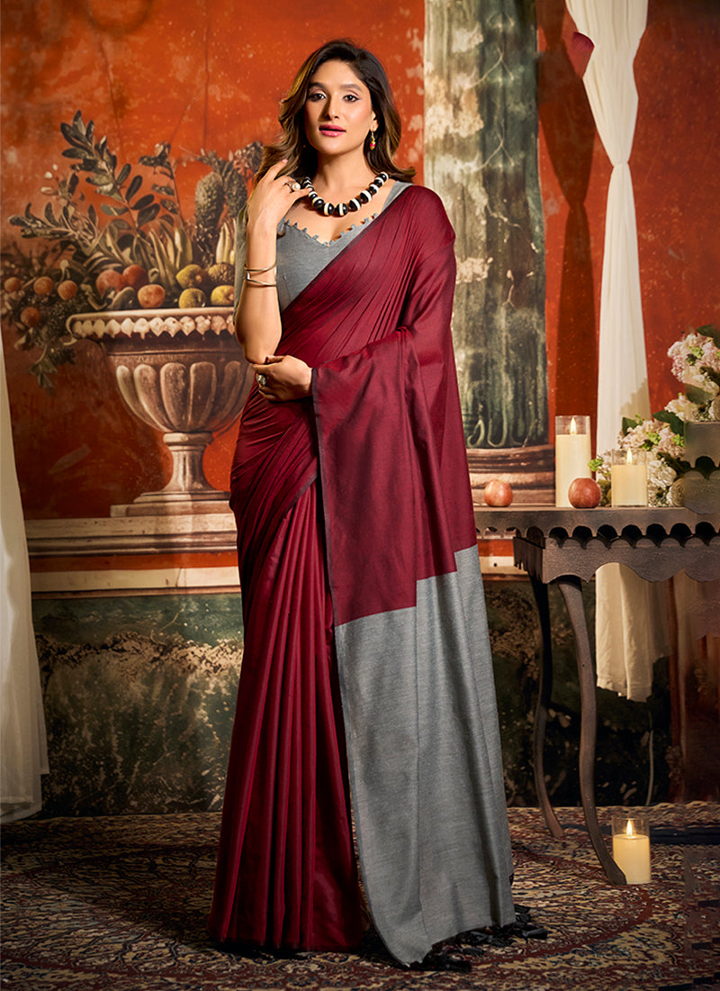 Maroon and Grey Festive Cotton Saree