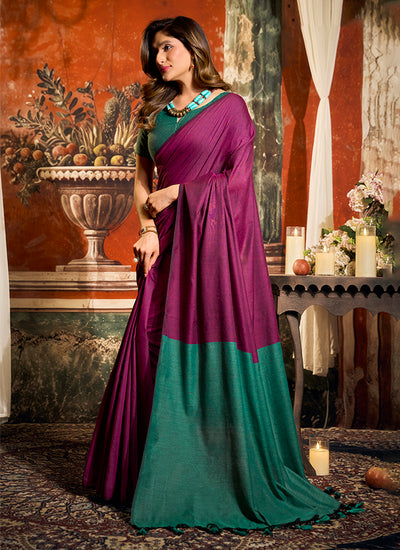 Magenta and Teal Festive Cotton Saree
